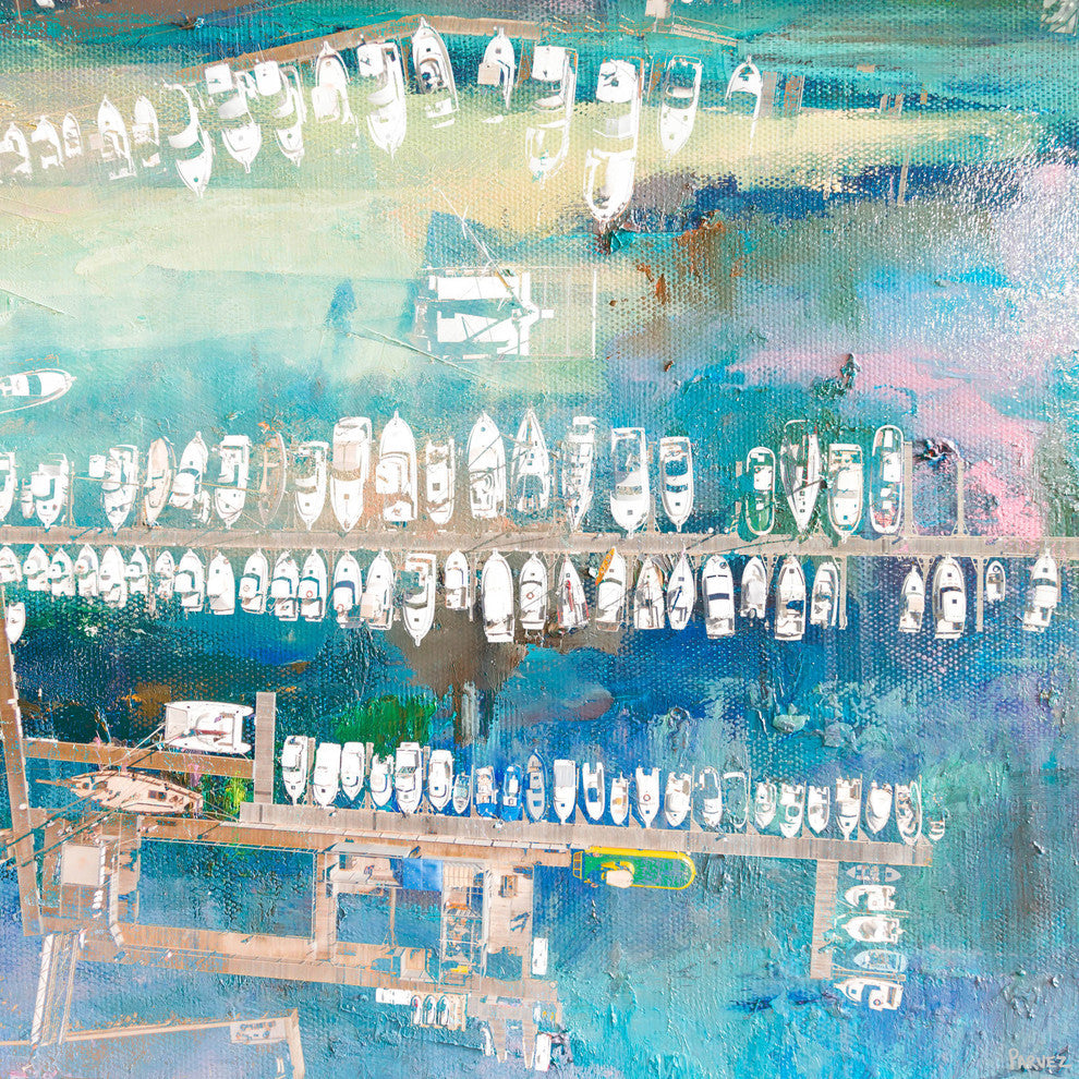 "Docked White Boats" Painting Print on Wrapped Canvas, 18"x18"