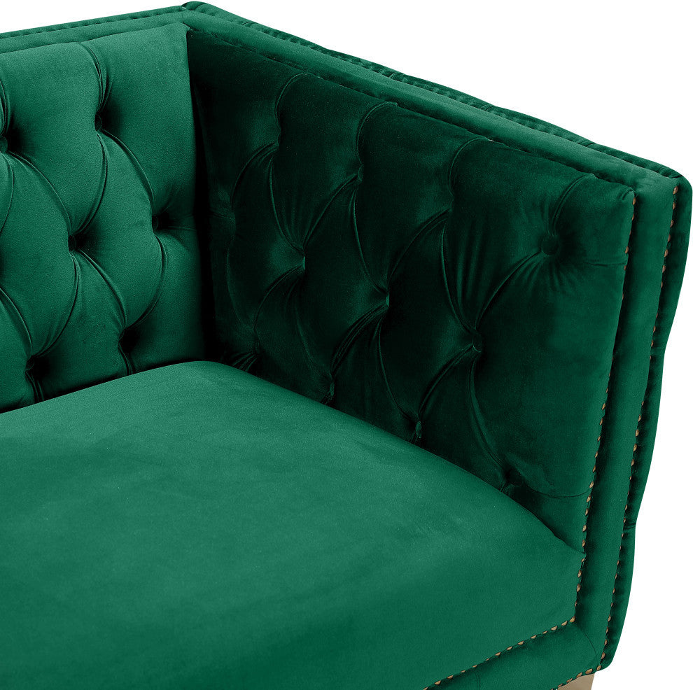 Michelle Fabric Upholstered Chair, Gold Iron Legs, Green, Velvet, Loveseat