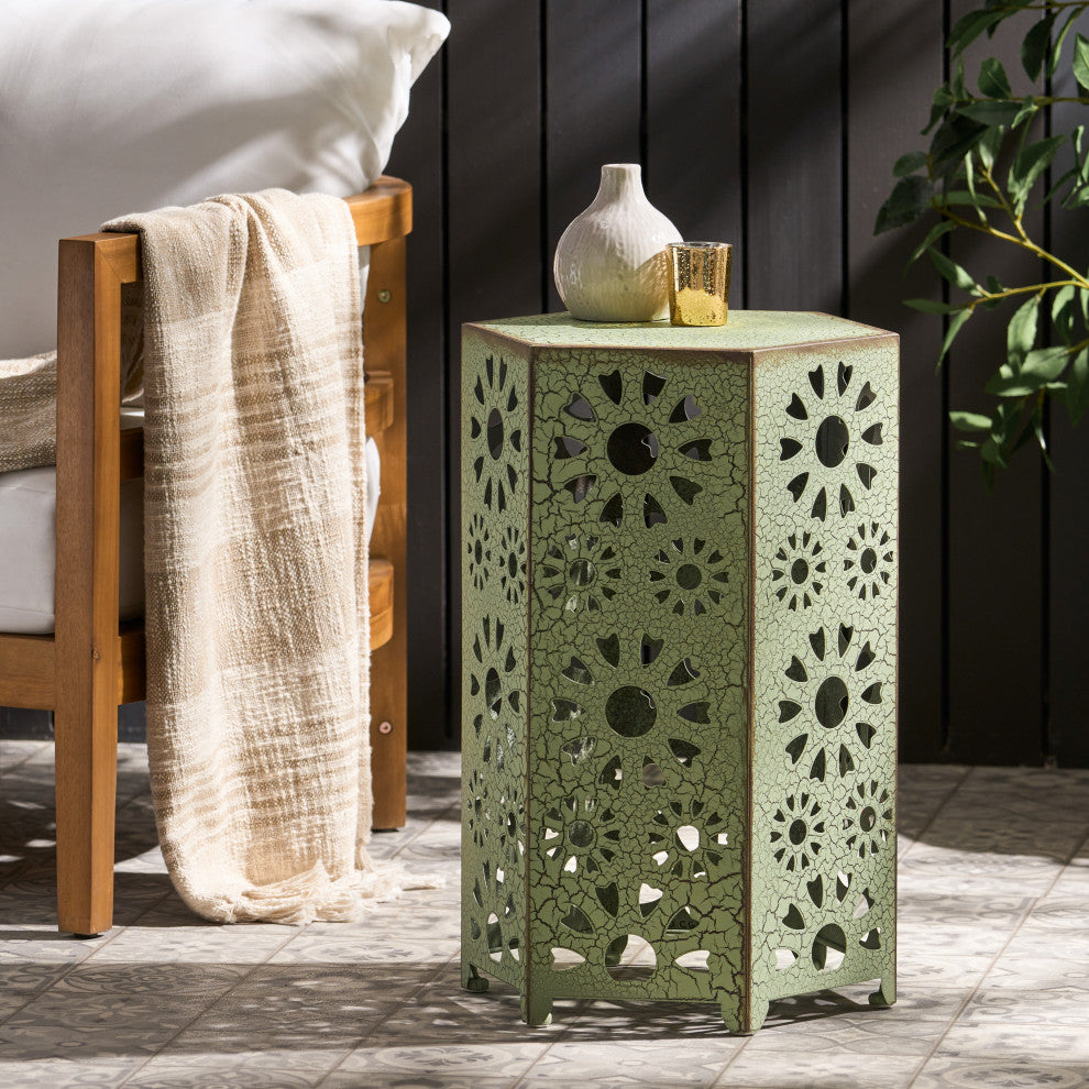 GDF Studio Elliot Outdoor 14" Sunburst Iron Side Table, Crackle Green