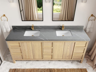 Elizabeth Oak 84" Double Sink Vanity, White 2" Piatra Gray