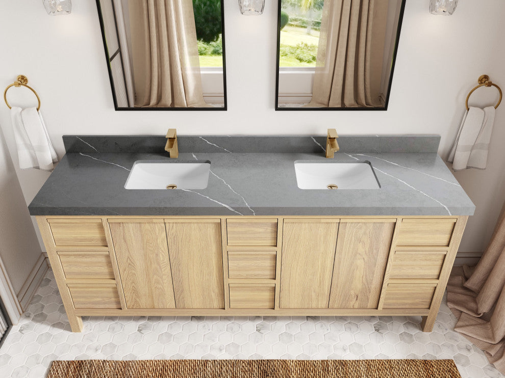 Elizabeth Oak 84" Double Sink Vanity, White 2" Piatra Gray