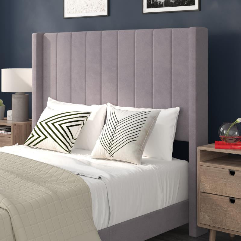 Bianca Upholstered Platform Bed w/Vertical Stitched Wingback Headboard, Gray Velvet, Full