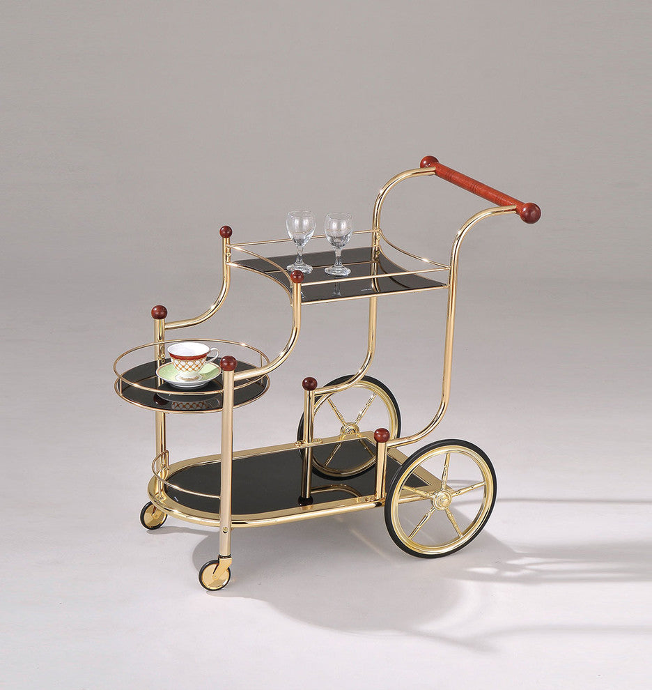 Lacy Serving Cart, Golden Plated and Black Glass