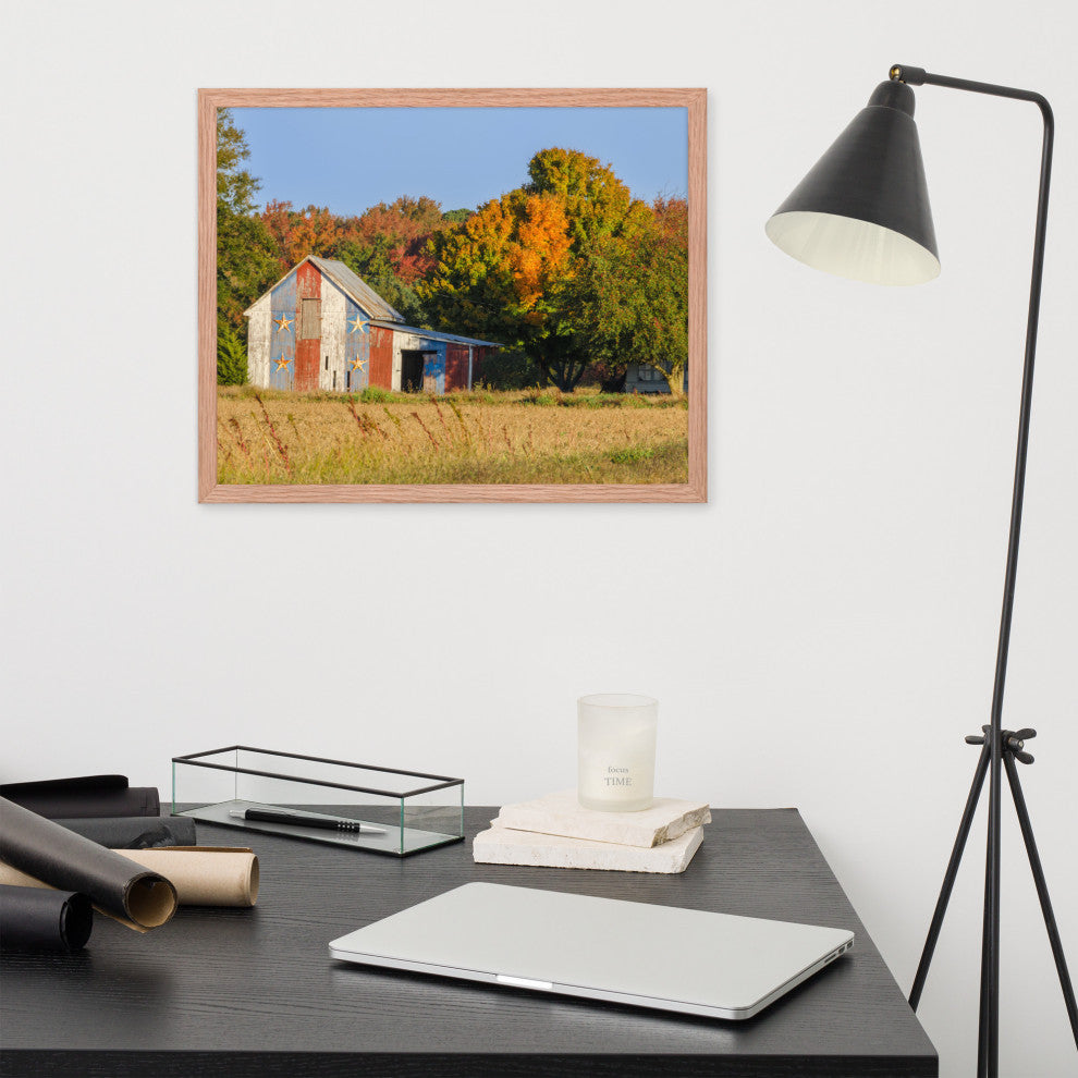 Patriotic Barn in Field Rural Landscape Framed Photo Paper Wall Art Prints, Red Oak, 16" X 20"