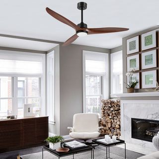 52" Solid Wood 3-Blade LED Ceiling Fan with Remote Control and Light Kit, Black/Walnut