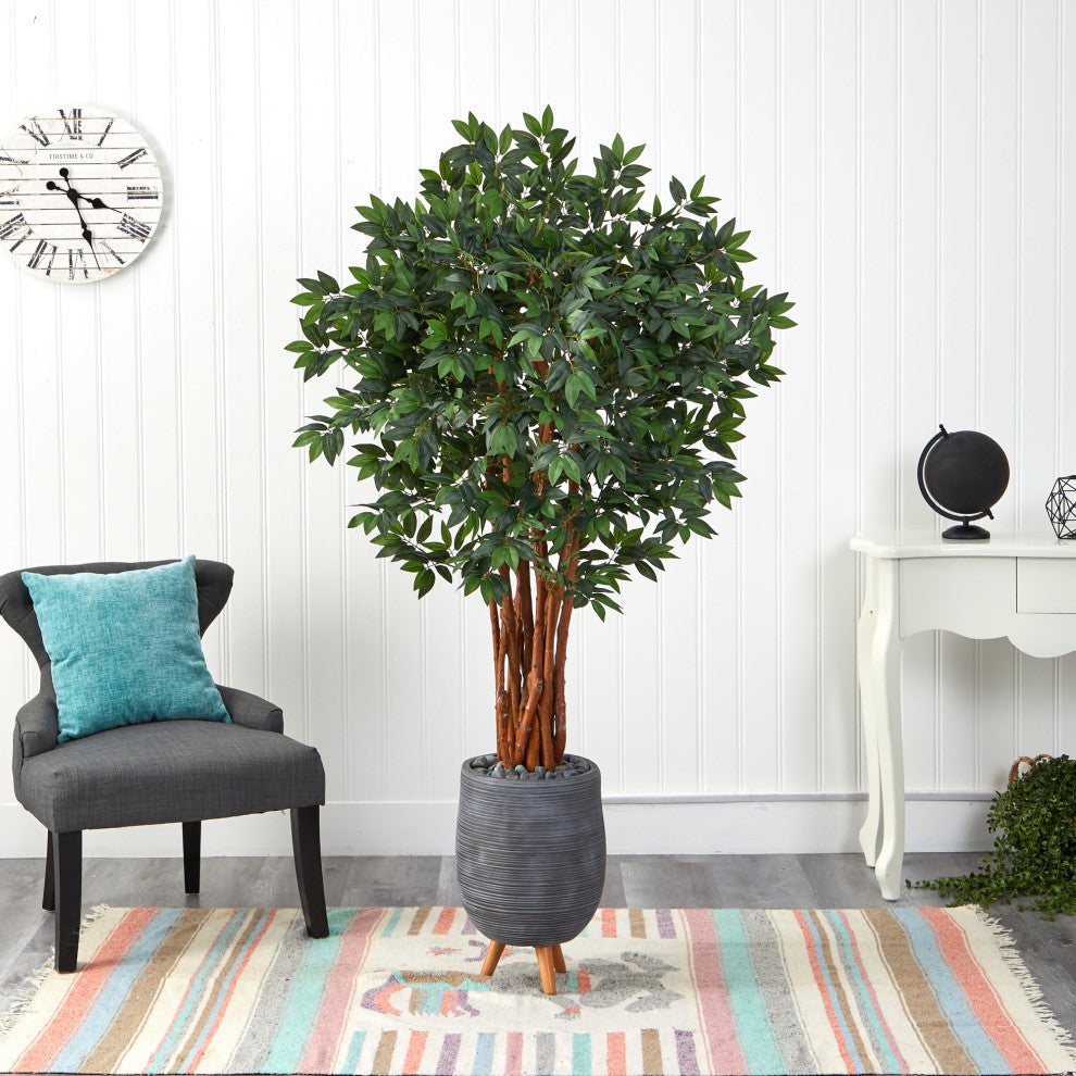 6' Lychee Artificial Tree, Gray Planter With Stand