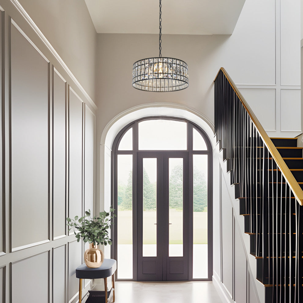 LNC Chispa 3-Light Black Modern Crystal Drum Chandelier