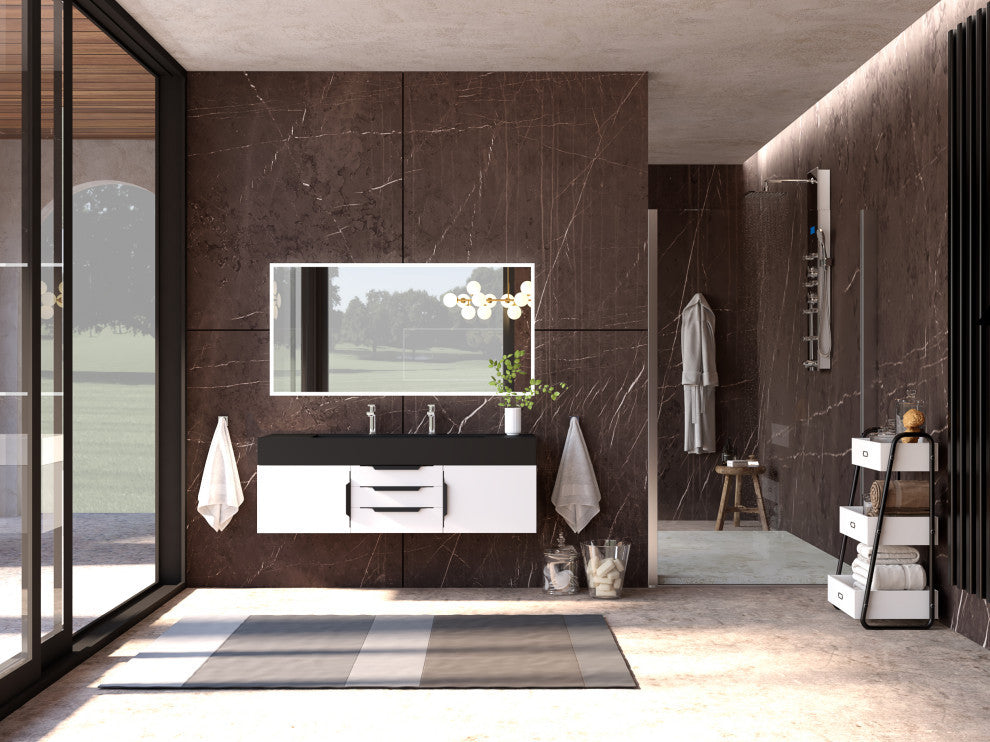 CastelloUSA Alpine 60" Wall Mounted Vanity, Base Only, White, Black Handles