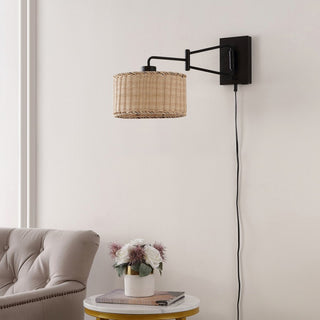 Safavieh Bramley Wall Sconce Set of 2 w/ USB Port Black/Natural Rattan