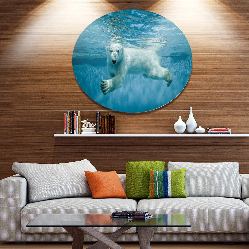 Polar Bear Swimming Under Water, Animal Large Disc Metal Wall Art, 11"