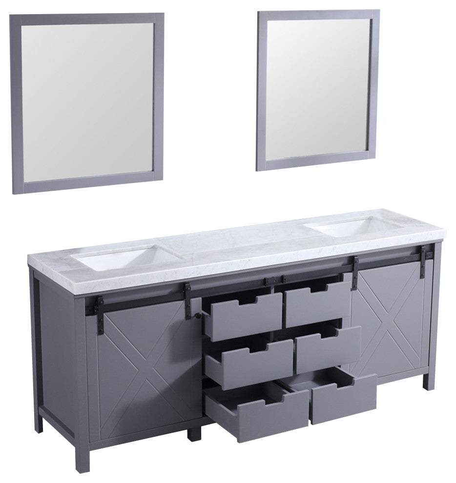 Marsyas 80" Dark Gray Double Vanity Carrara Marble Top Sinks, 30" Wall Mirrors