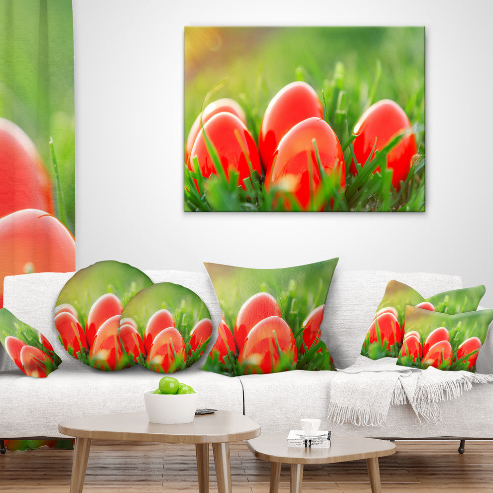 Red Easter Eggs in Green Grass Landscape Photography Throw Pillow, 16"x16"