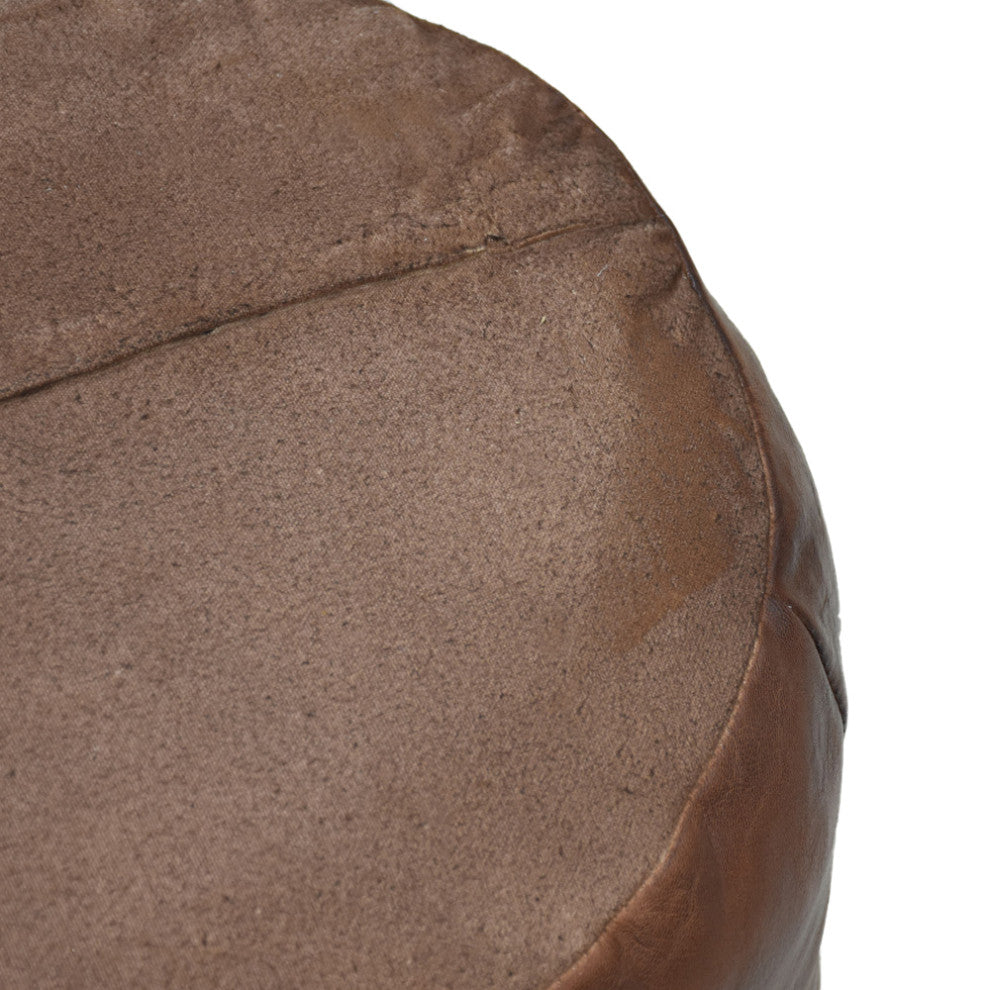 Pouf-Solid Handmade Leather Pouf (Recycled Foam with Fiber Fill), Brown, (Round]16x16x16
