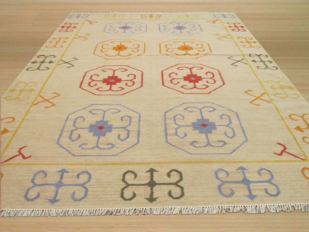 Beige Traditional Oriental Reversible Suzani Kilim Area Rug