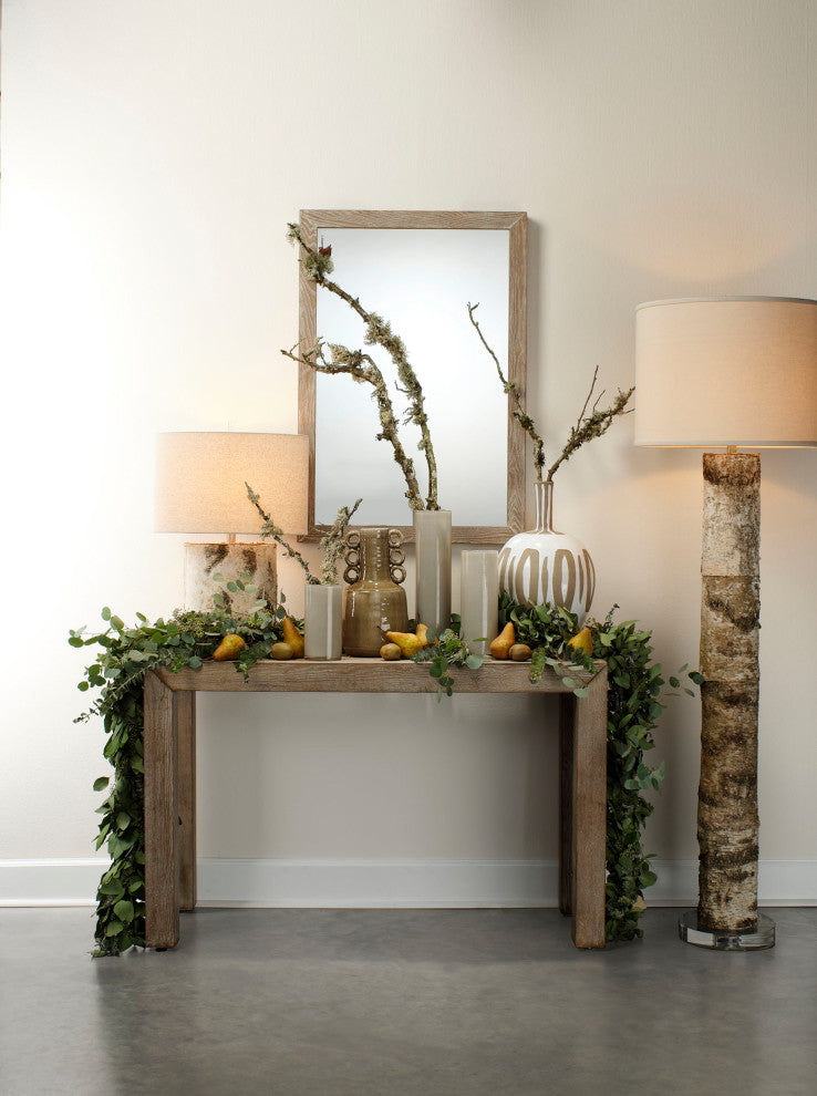 Forrester Floor Lamp, Birch Veneer With Drum Shade, Stone Linen