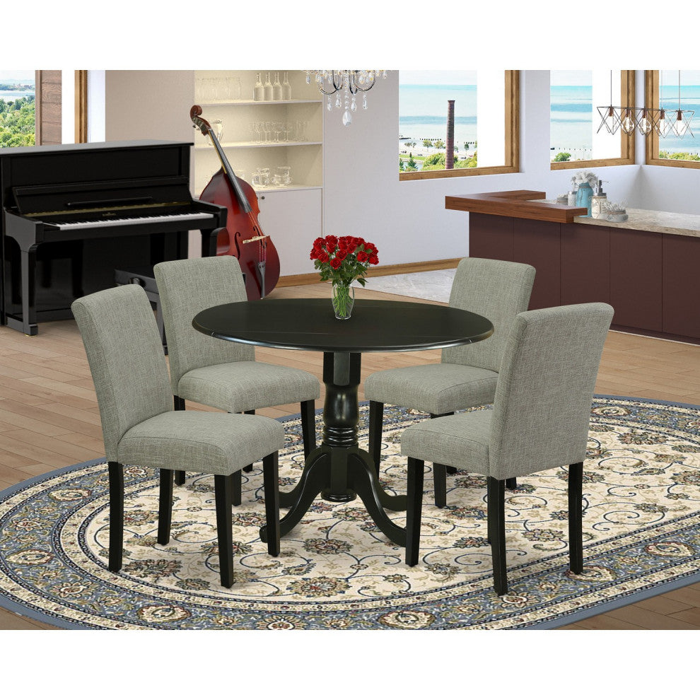 5Pc Round 42" Kitchen Table, Two 9-Inch Drop Leaves, Four Parson Chair