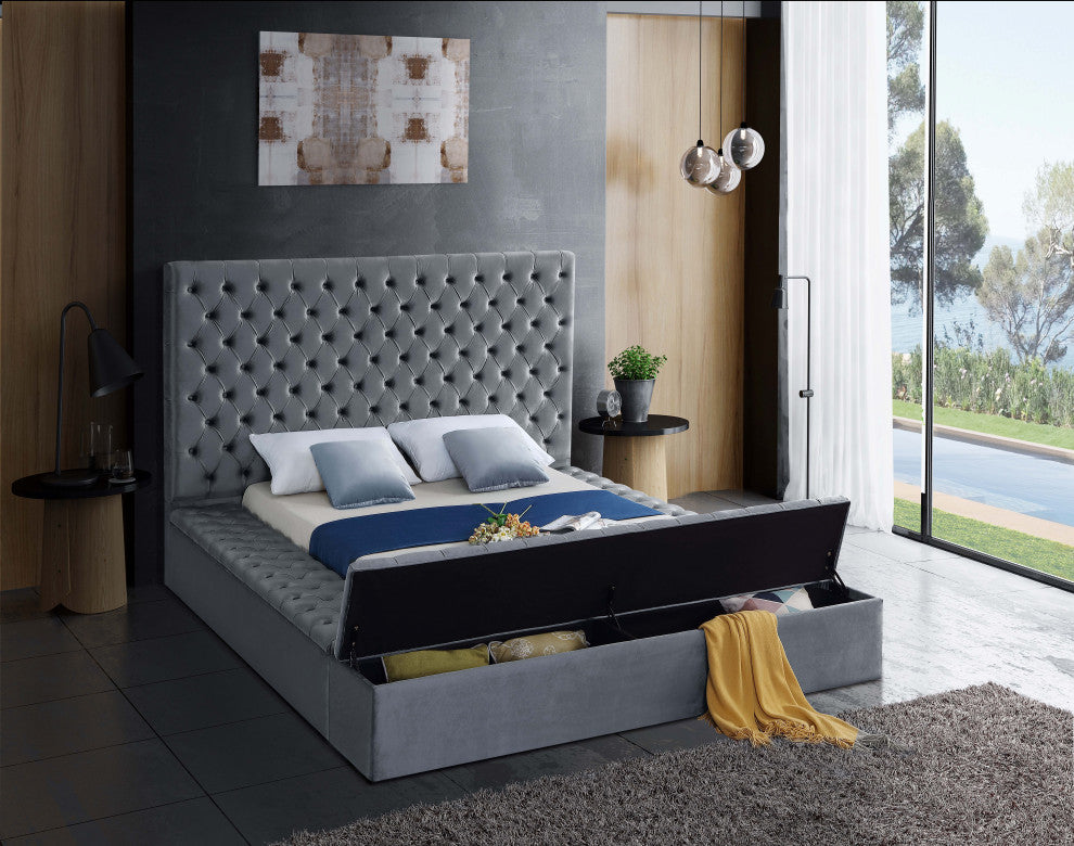 Bliss Velvet Upholstered  Bed, Gray, Full