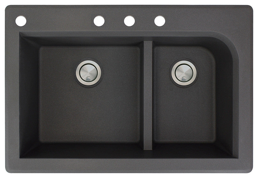 Radius 33" silQ Granite Drop-in Double Bowl Kitchen Sink with 4 Holes in Black
