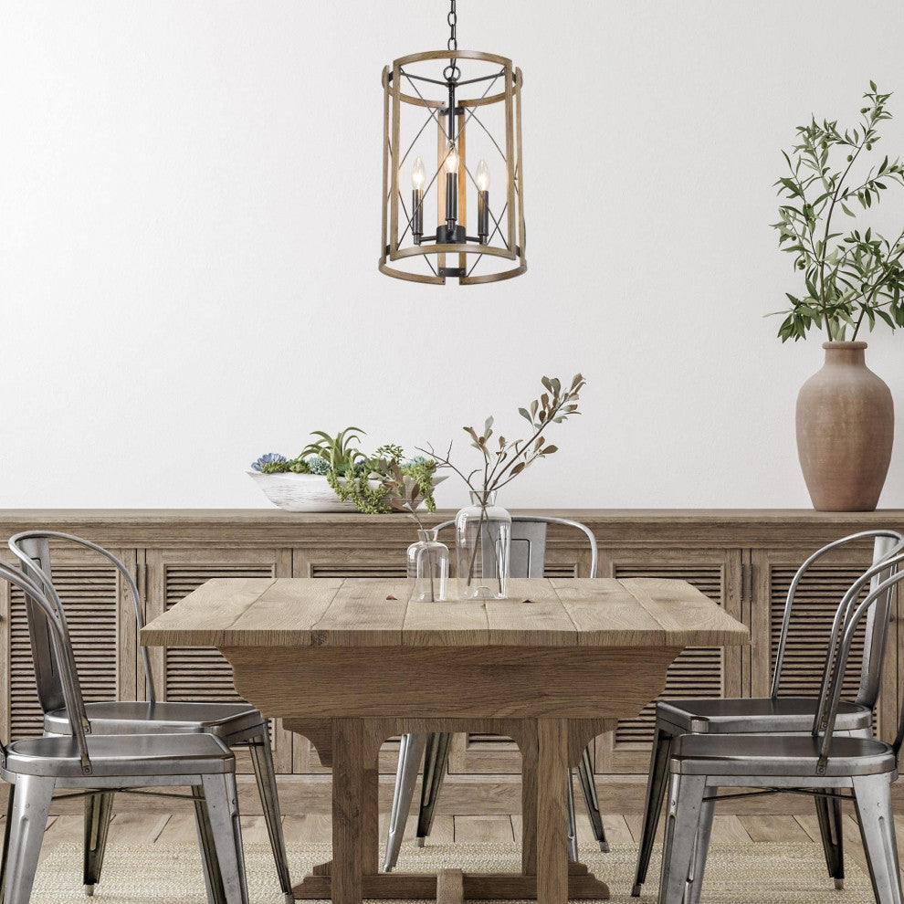 4-Lights Matte Black and Wood Tone Farmhouse Chandelier For Chateau