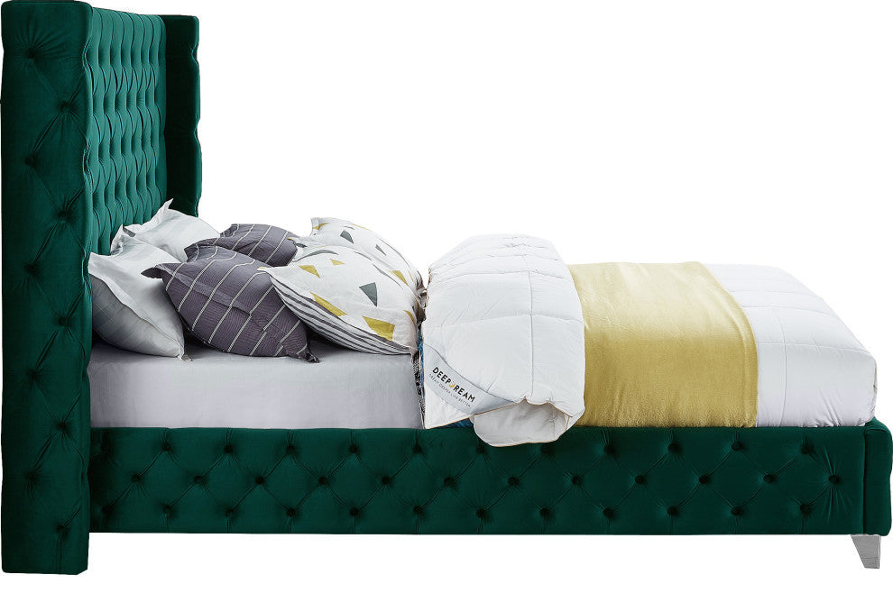 Savan Velvet Upholstered Bed, Green, King