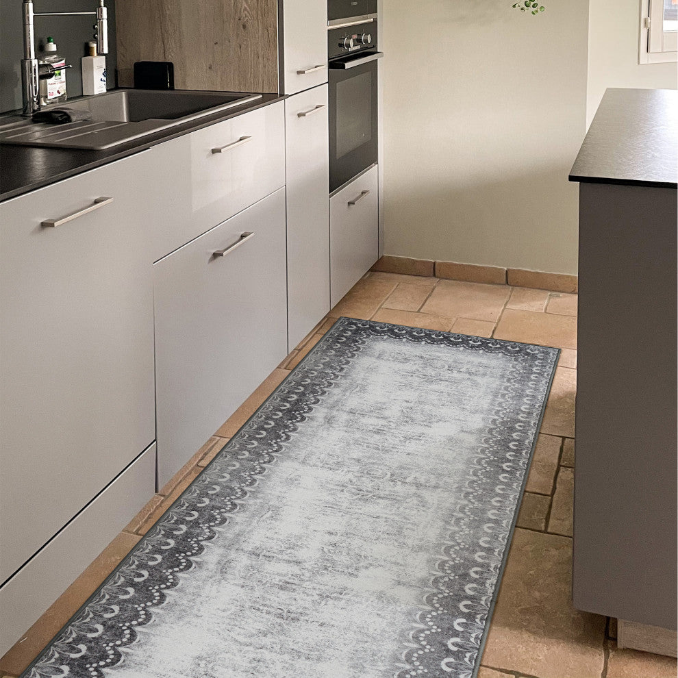 My Magic Carpet Washable Rug Dardon Bordered Gray, 2.5' X 7'