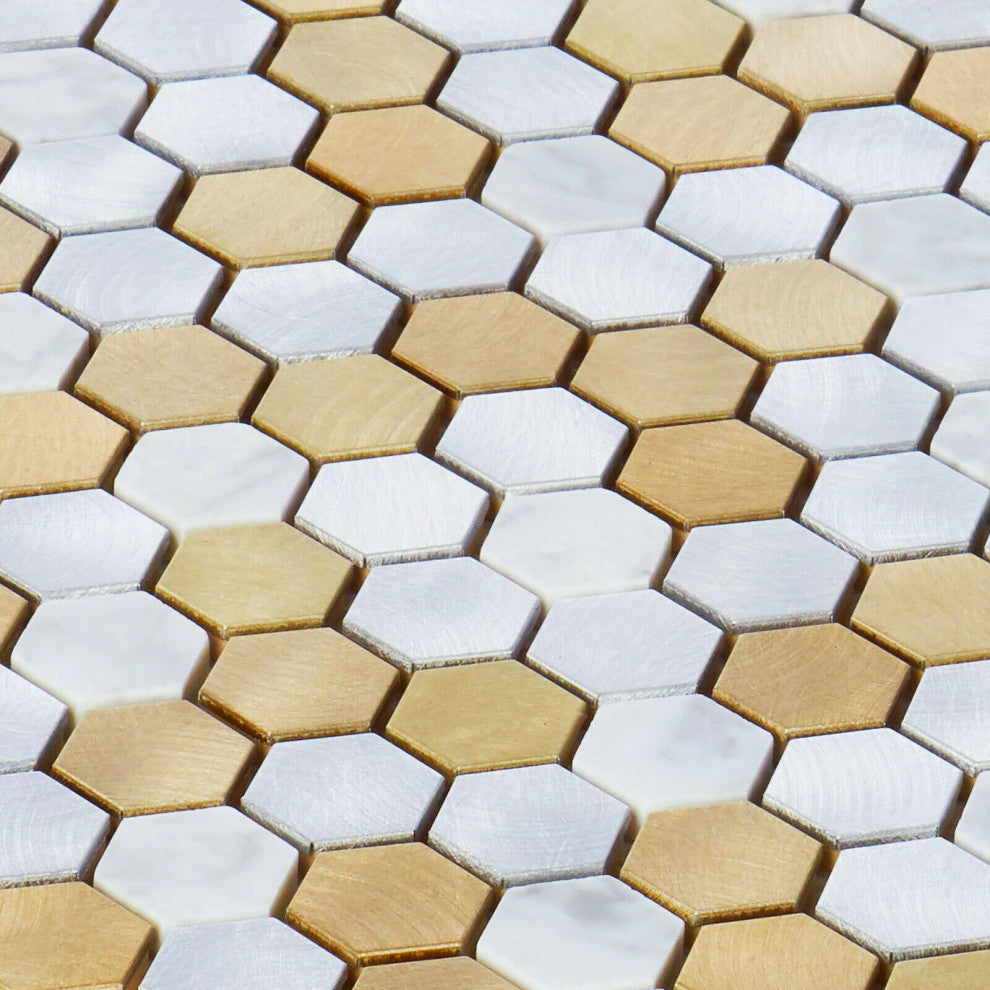 Modket White Calacatta Marble Champagne Gold Metal Hexagon Backsplash TDH45MDR