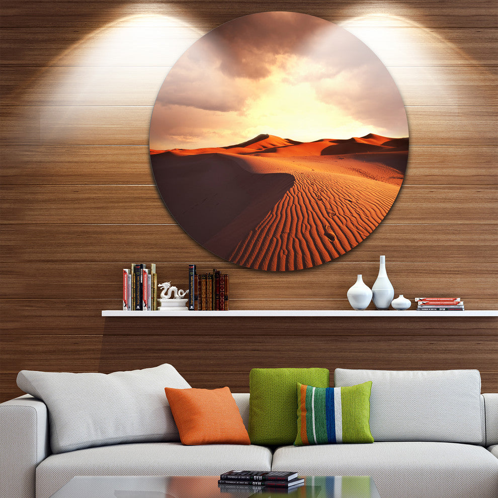 Desert Dunes Under Cloudy Sky, Modern Landscape Round Wall Art, 11"