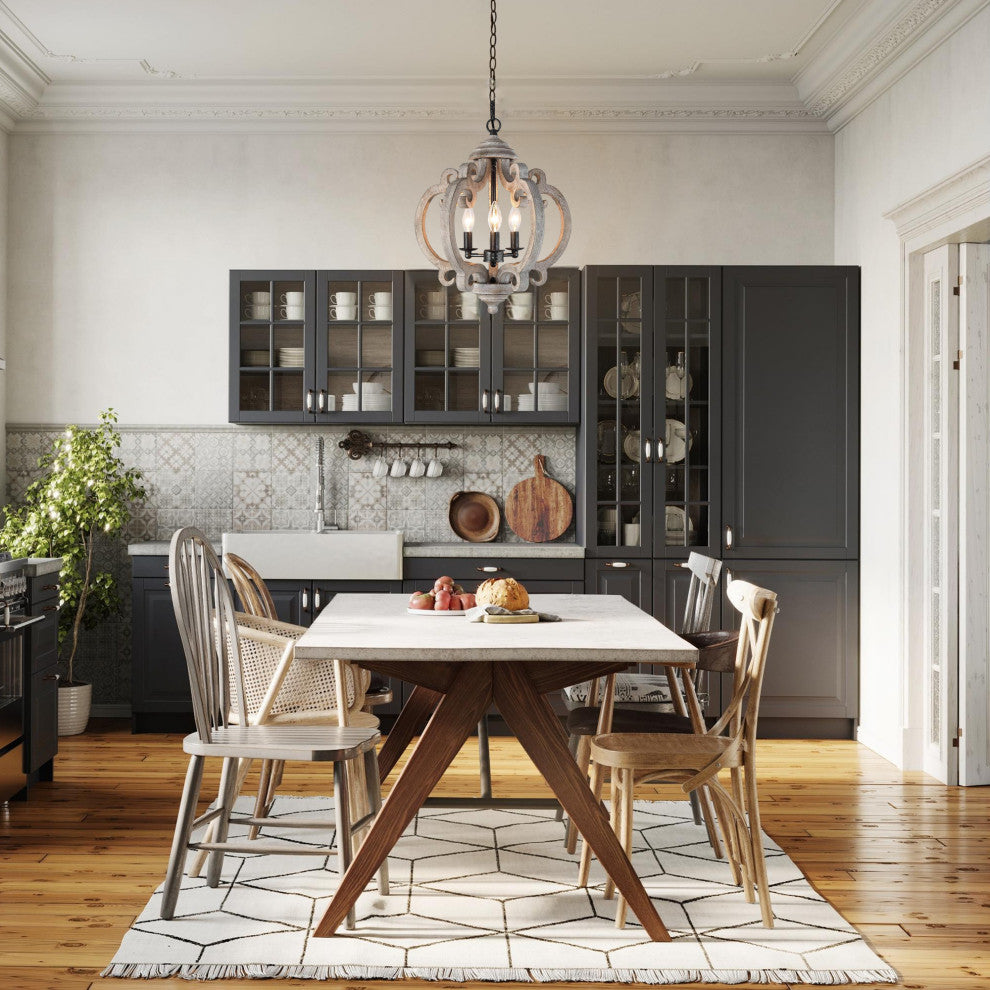 LNC 3-Light Distressed Wood Grayish White Farmhouse Latern Chandelier