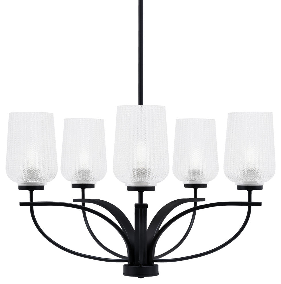 Cavella 5 Light Chandelier In Matte Black Finish, 5" Clear Textured Glass