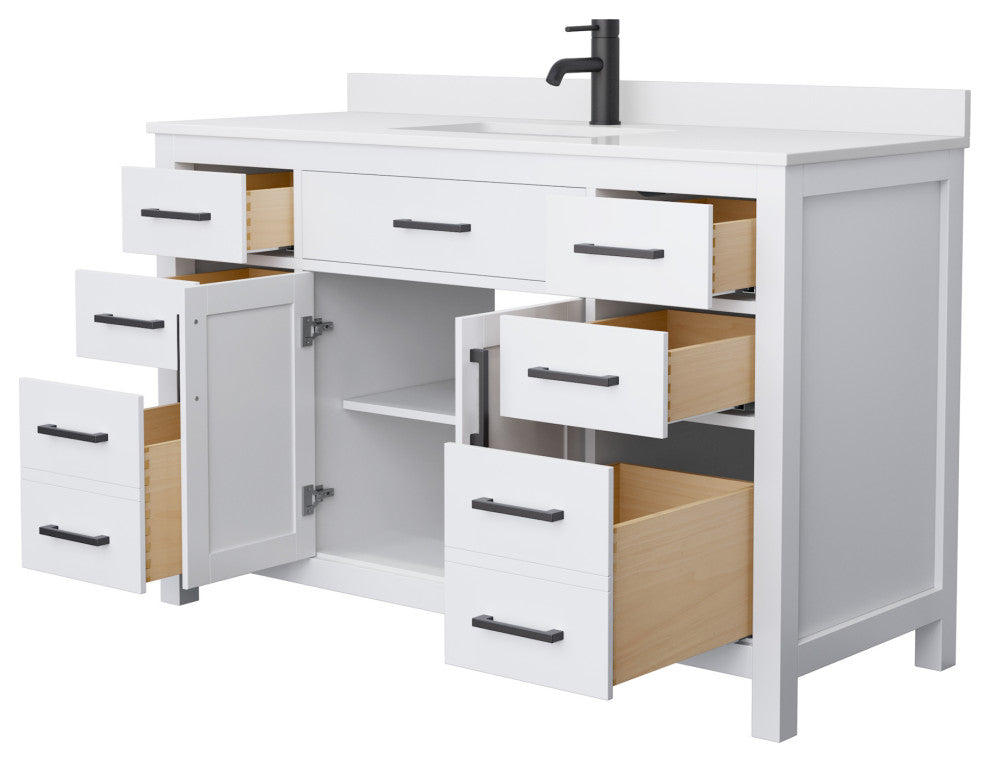 54"SGL Bathroom Vanity, White, White Cult. Marble Countertop, Sink, Black Trim