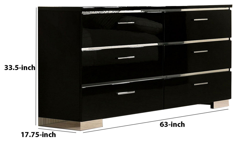 63 Inches 6 Drawer Dresser with Metal Legs, Black and Chrome