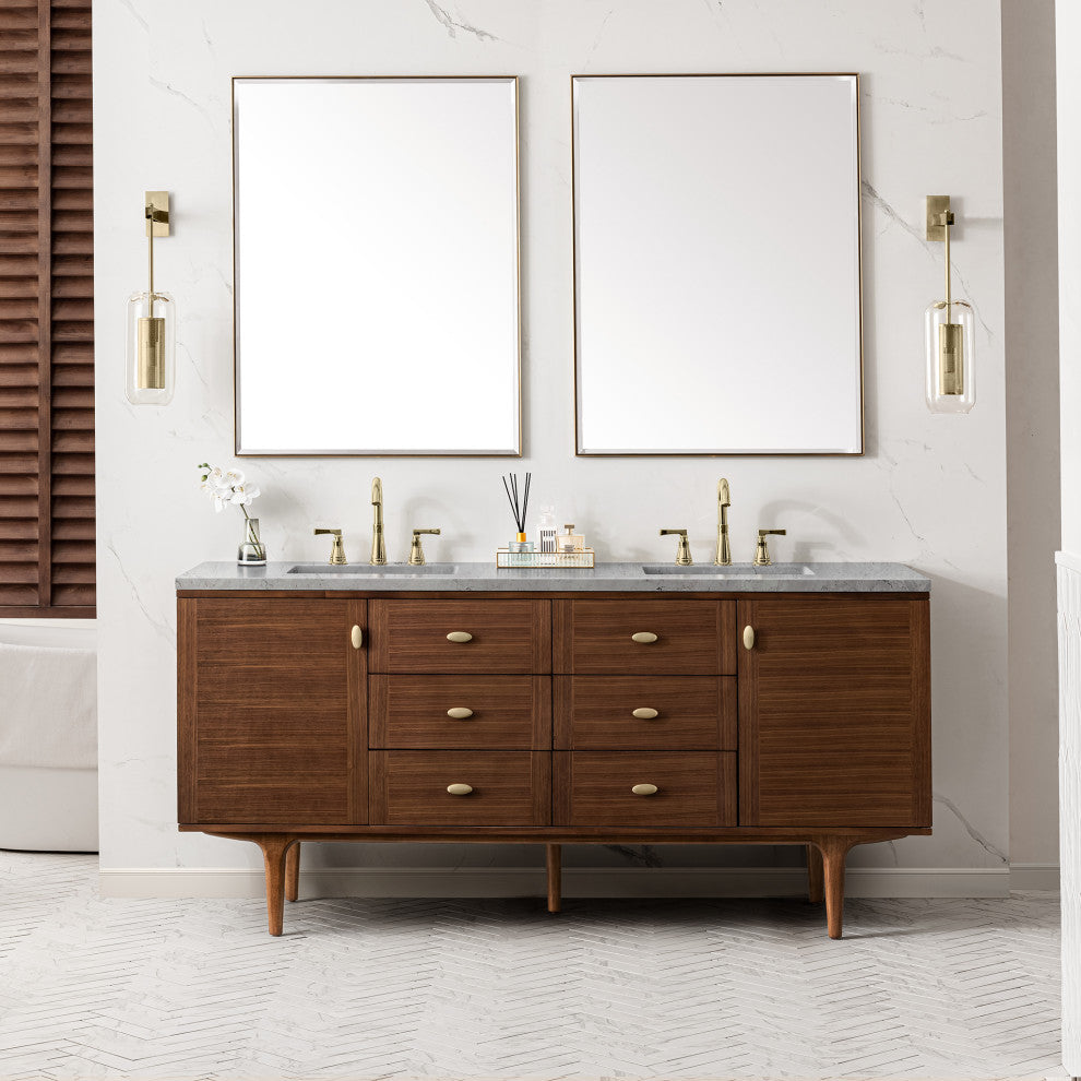 Amberly 30" Single Vanity, Mid-Century Walnut, 72", Eternal Jasmine Pearl, Three-Hole