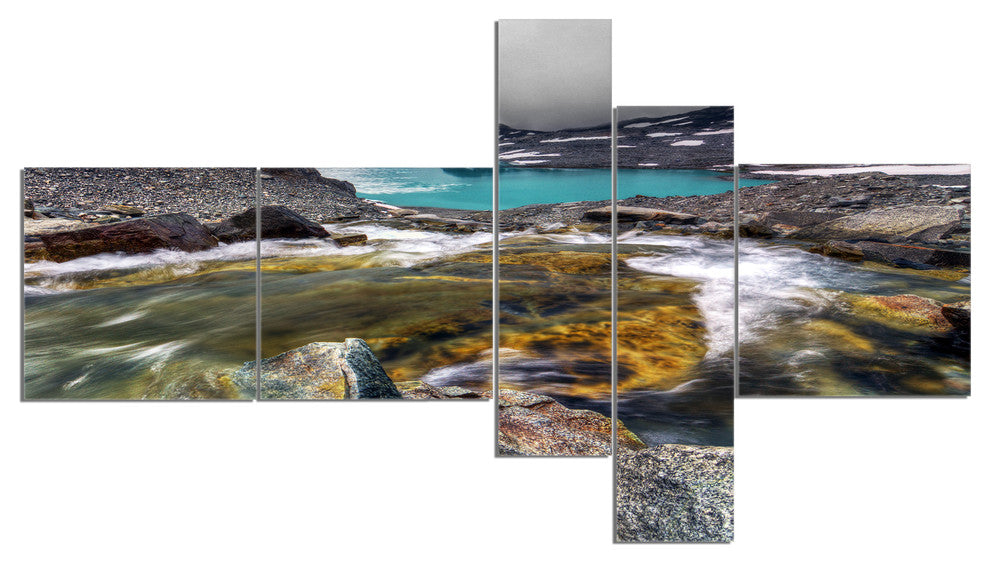 Mountain Creek Flowing into Lake, Landscape Canvas Art, 60"x32", 5 panels