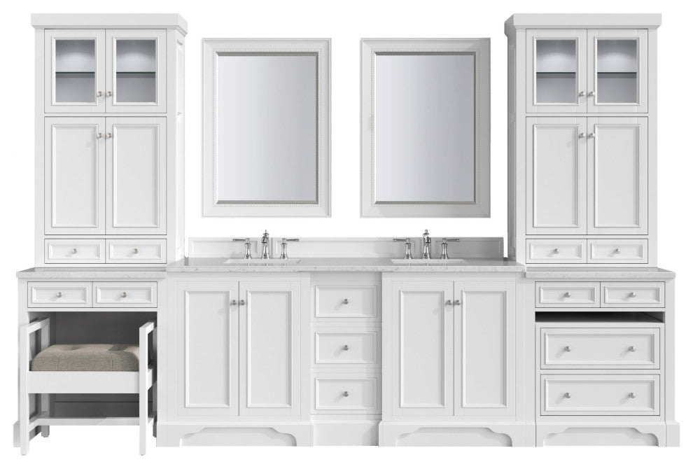 De Soto 132" Bright White Double Vanity Suite, 3cm Jasmine Pearl Top