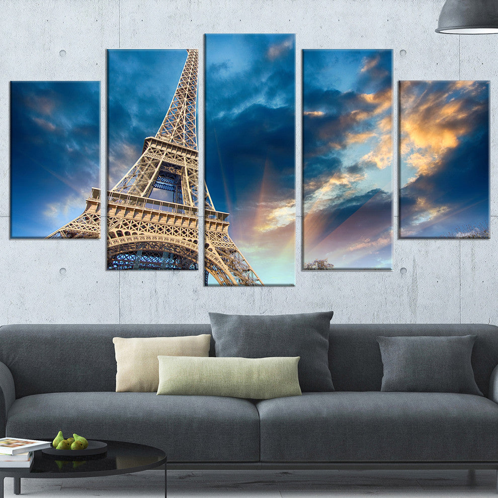 "Beautiful View Paris Eiffel Tower Under Fiery Sky" Wall Art, 60"x32", 5-Panels