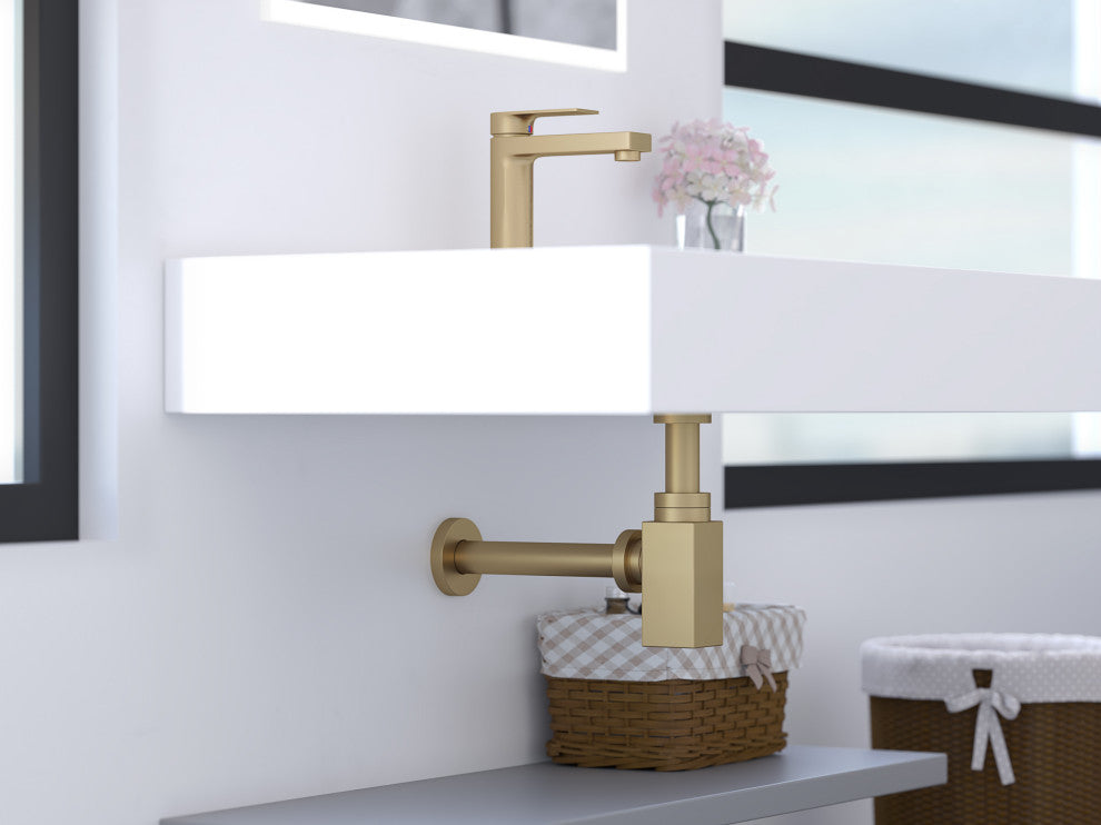 CastelloUSA 1.5" Square Bottle Adjustable Brass P-Trap, Brushed Gold