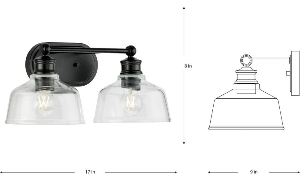 Singleton 2-Light 17" Matte Black Farmhouse Vanity Light With Clear Glass Shades
