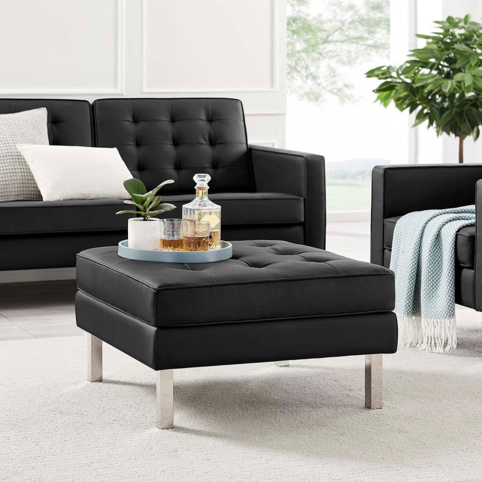 Modern Living Lounge Accent Chair Ottoman, Faux Vinyl Leather, Black Silver, Black