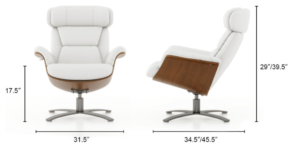 Jovan 31.5" Genuine Leather Adjustable Recliner Lounge Chair, Porcelain White