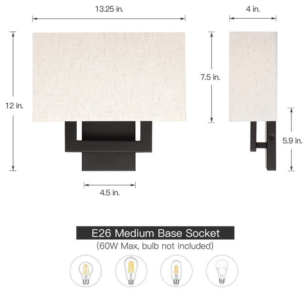 Wall Sconce Light, Dark Bronze With Oatmeal Shade, 13.25" With 2 Sockets