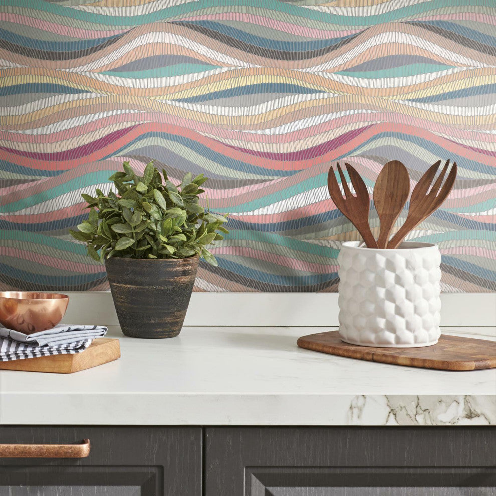 Pink & Teal Mosaic Waves Peel & Stick Wallpaper