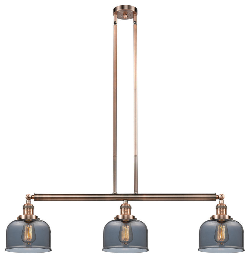 Large Bell 3-Light Island Light, Smoked Glass, Antique Copper
