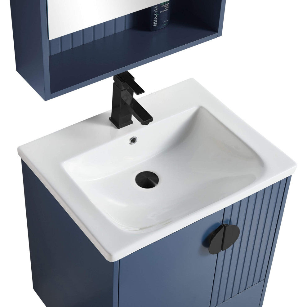 Venezian Single Bathroom Vanity, Navy Blue, 24", Black Handles, One Sink