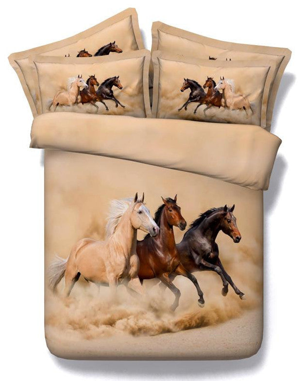 3D Bedding, Brown and Black Wild Horses, 4-Piece Duvet Cover Set, Queen