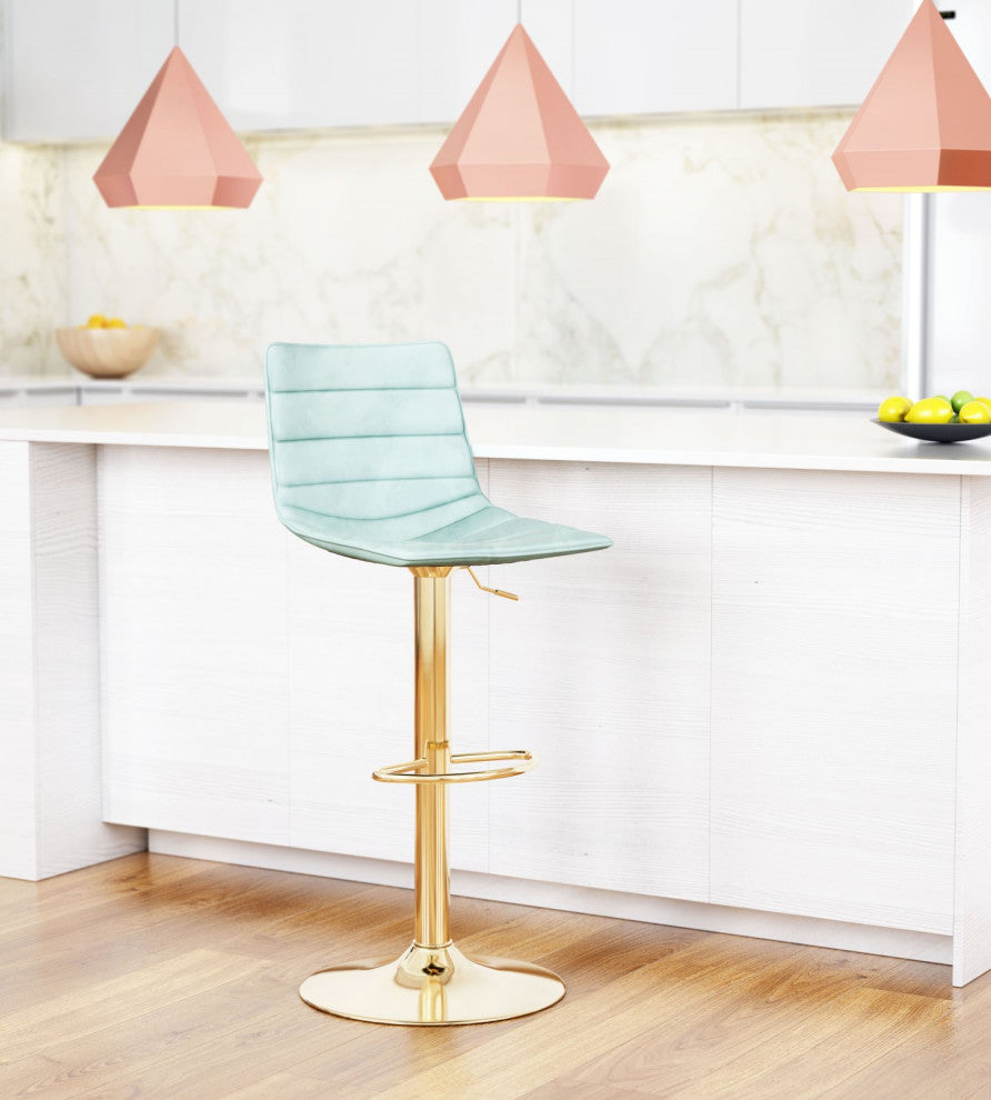 Bar Stool Chair Barstool, Steel Metal, Fabric, Green, Gold, Kitchen Cafe Bistro
