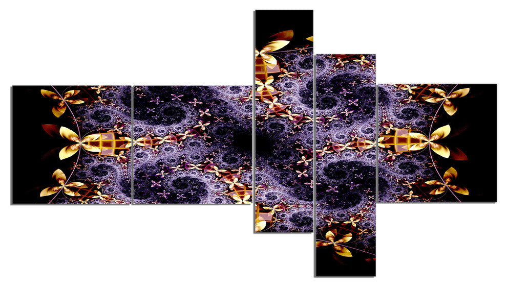 Yellow and Violet Fractal Flower, Abstract Wall Art Canvas, 60"x32", 5 panels