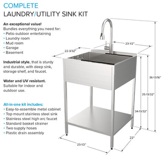 Transolid 24"x22"x35" Steel Laundry Sink Kit, Brushed