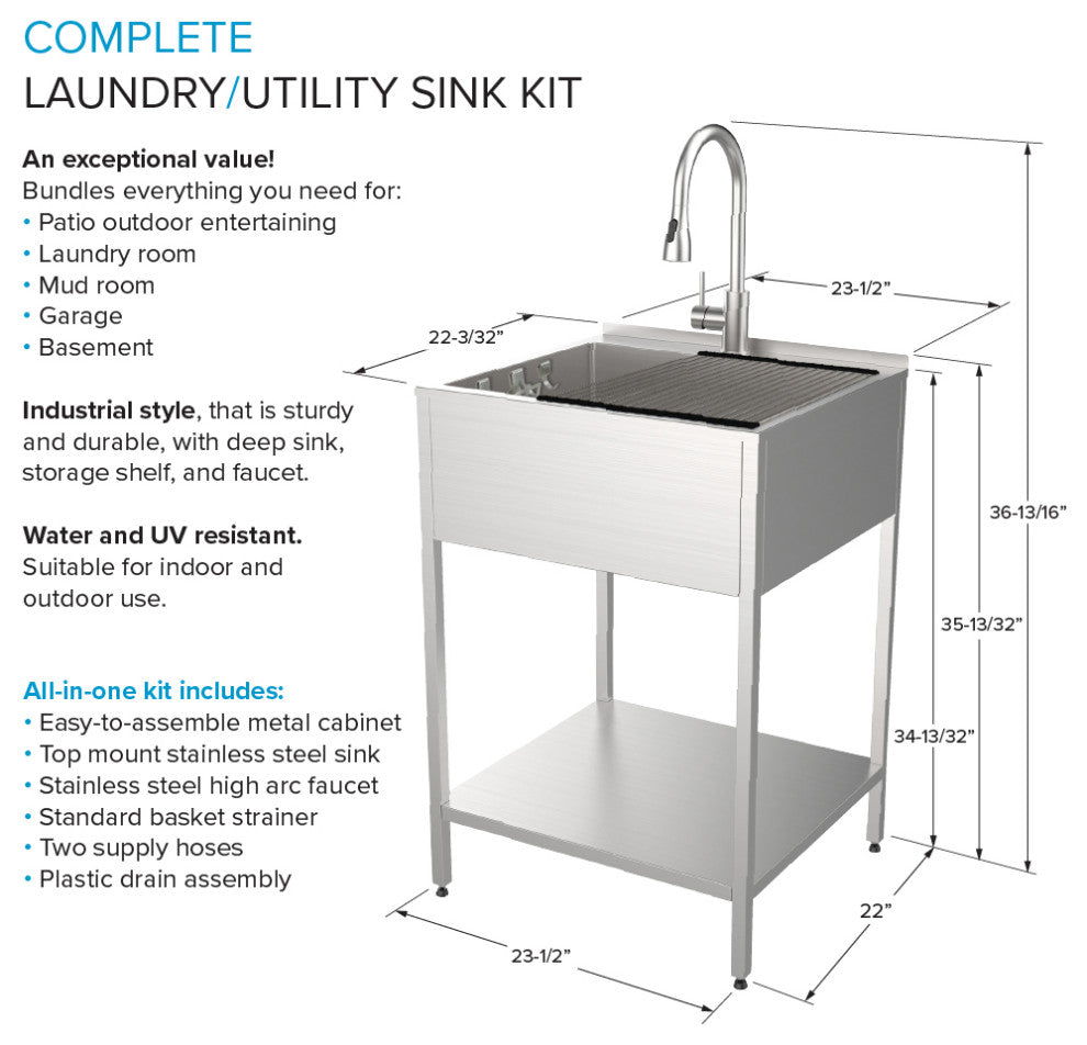 Transolid 24"x22"x35" Steel Laundry Sink Kit, Brushed
