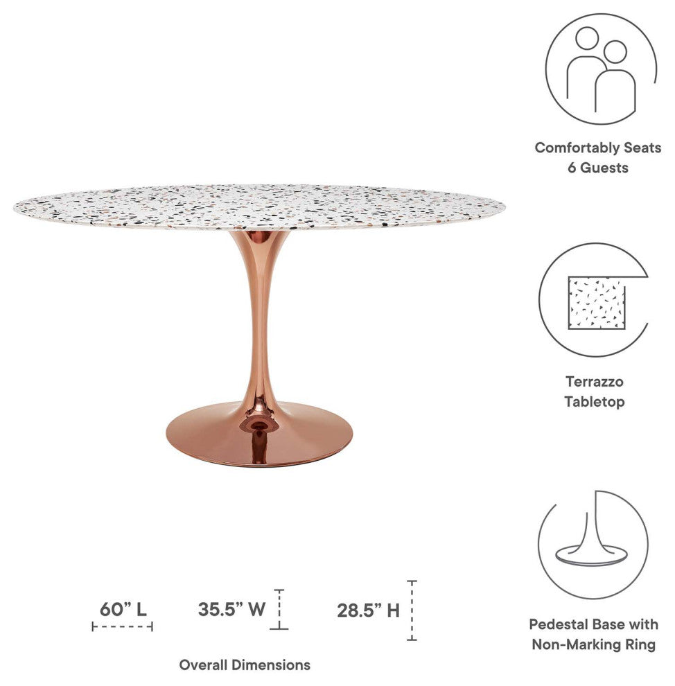 60" Dining Table, Oval, Pink White, Wood, Metal, Modern, Bistro Hospitality