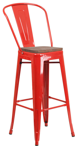 30" High Metal Barstool With Back and Wood Seat, Red